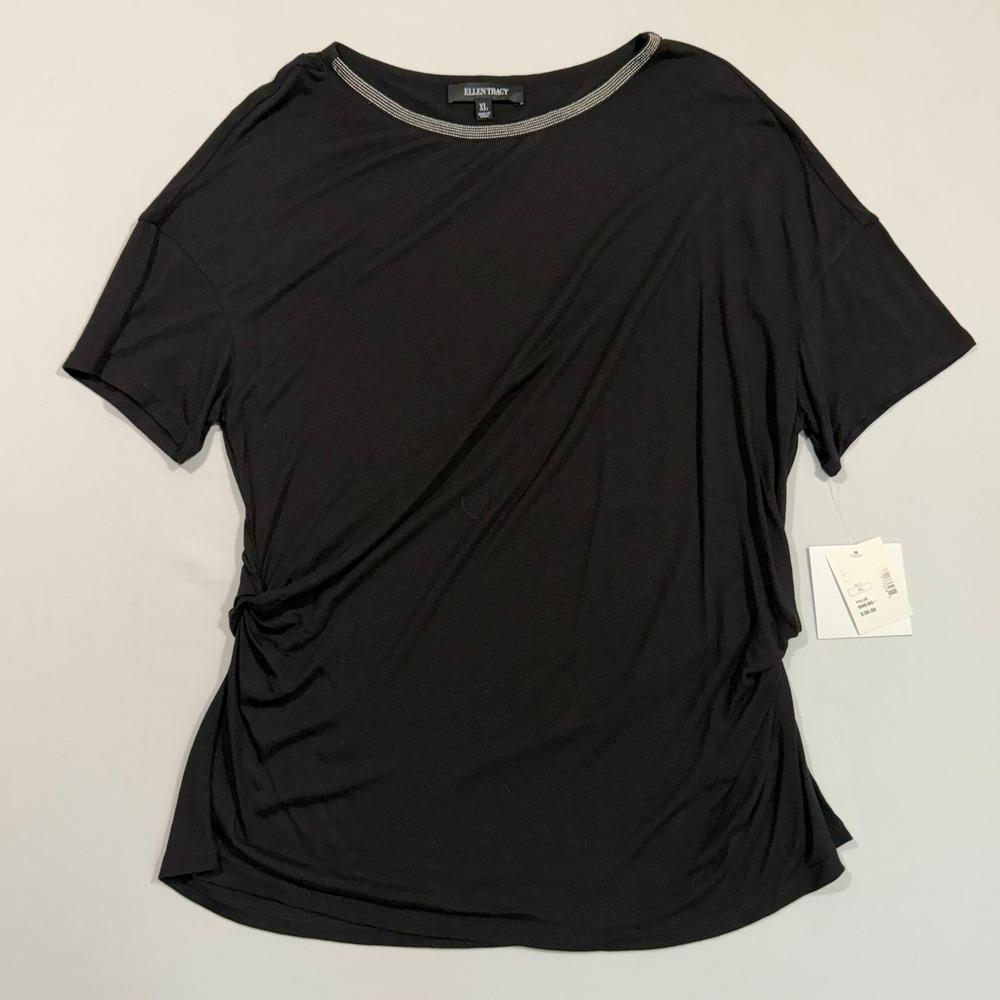 Ellen Tracy NWT Blouse Womens XL Black Rayon Side Knot Beaded Neck OfficeSiren‎